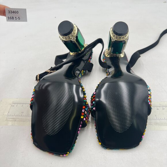 FSJ Black Gems Green Heel Open Toe Stylish Sandals Ankle Strap Ballroom Shoes - Picture 7 of 8